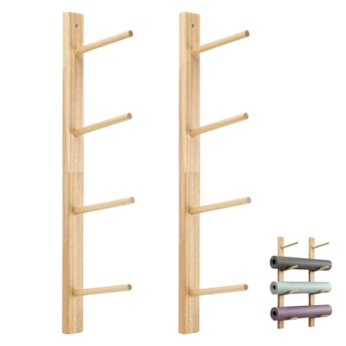 Wall Mount Wooden Yoga Mat Storage Rack, Premium Solid Wood Yoga Mat Holder, Space-Saving Yoga Equipment Organizer for Yoga Mats, Towels, Foam Rollers, Easy to Install (Hold 2 Mats Per Pair)