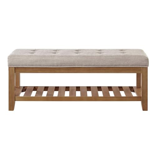 24KF Large Rectangular Upholstered Tufted Linen Fabric Ottoman Bench, Padded Bench with Solid Wood Shelf-Linen - color: Linen-bench, size: 16"D x 44"W x 18"H
