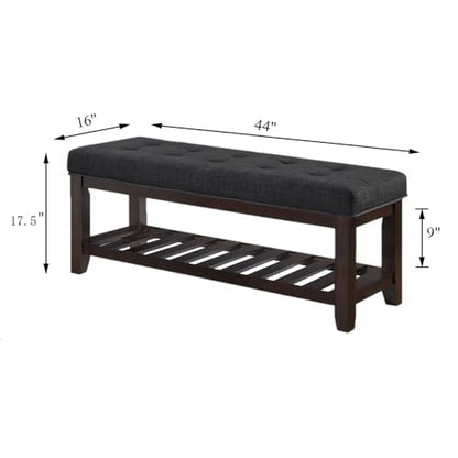 24KF Large Rectangular Upholstered Tufted Linen Ottoman Bench, Padded Bench with Solid Wood Shelf-Dark Gray - color: Dark Gray-bench, size: 16"D x 44"W x 17.5"H