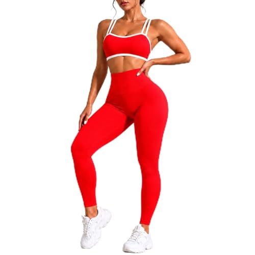 2PC Workout Sets For Women High Waisted Gym Leggings and Cross Back Strappy Sports Bra for Women With High Support - color: Red, size: Small