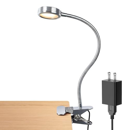 LEPOWER Clip on Light, Book Reading Lamp for Desk, Bed Headboard and Dorm | Adjustable Gooseneck, Color & Brightness Changeable, Adapter Included, LED Table Lamp for Computer, Bedside, Metal, Silver - color: Silver