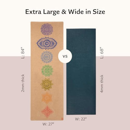 Shakti Warrior Chakra Cork Yoga Mat, Extra Long, 84 x 27 Inch, 2mm Thick
