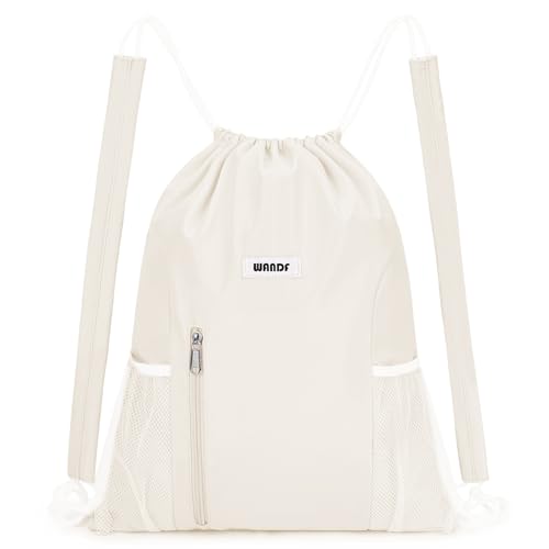 WANDF Drawstring Backpack, Gym String Bag with Shoulder Pad - color: M, Beige, size: Medium