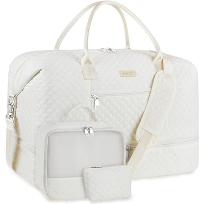 ITIEZY Weekender Bag for Women 21.5" Travel Duffel Large Carry On Bag 3PCS | Nylon Duffel Bag with Waterproof Shoe Compartment, Crossbody Bag and Toiletry Bag, Travel Weekend Hospital Overnight Gym Bag - color: 9A-Off White