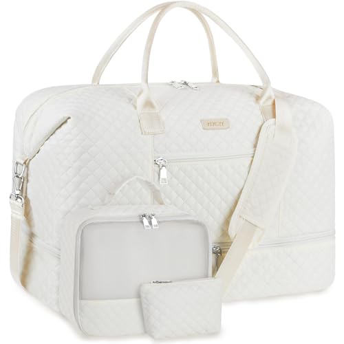 ITIEZY Weekender Bag for Women 21.5" Travel Duffel Large Carry On Bag 3PCS | Nylon Duffel Bag with Waterproof Shoe Compartment, Crossbody Bag and Toiletry Bag, Travel Weekend Hospital Overnight Gym Bag - color: 9A-Off White