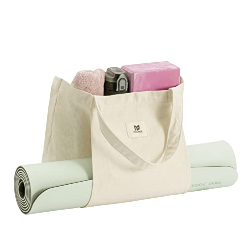 Moyaqi Canvas Tote Bag with Yoga Mat Carrier Pocket Carryall Shoulder Bag for Office, Workout, Pilates, Travel, Beach and Gym - color: Beige
