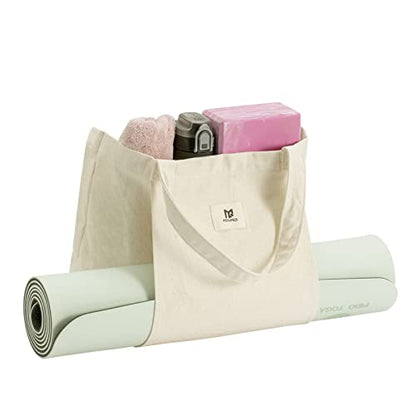 Moyaqi Canvas Tote Bag with Yoga Mat Carrier Pocket Carryall Shoulder Bag for Office, Workout, Pilates, Travel, Beach and Gym - color: Beige