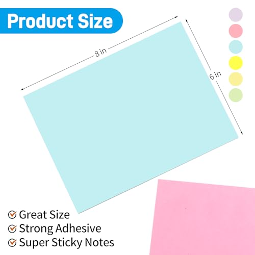 6 in x 8 in Creative Extra-Large Sticky Giant Pads,Pastel Harmonic Colors,203 mm x 152 mm,50 Sheets/Pad, 6 Pads for Drafts, Presentations, Workshops,Self-Adhesive Organization Tools - color: Pastel Colors