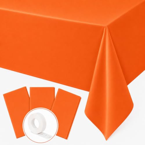 Blue Orchards Orange Plastic Table Cover (Pack of 3 with 20 Glue dots) - 54" x 108" - Waterproof & Disposable Tablecloth for Halloween, Autumn Decoration, Thanksgiving, Birthday Party Supplies - color: Orange (Pack of 3)