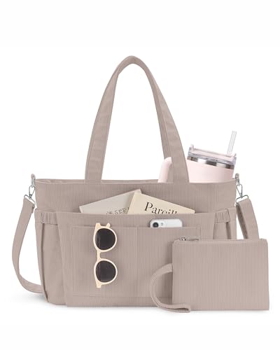 NPBAG Corduroy Tote Bag for Women with 9 Pockets & 40oz Cup Holder, Laptop Work Purse for Teacher Nurse, Travel College Bag - color: Camel