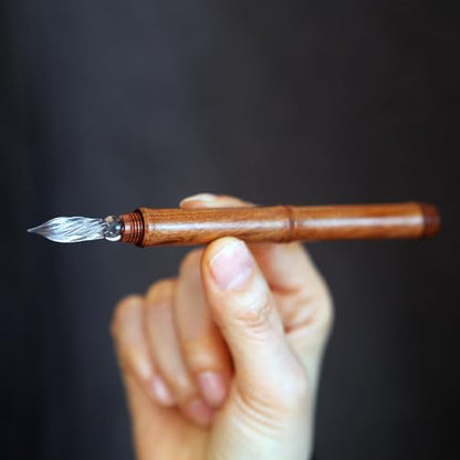 SeventyTwo Handmade Glass Dip Pen with Wood Handle, Fine Point Writing Instrument with Display Case (Brown) - color: Brown