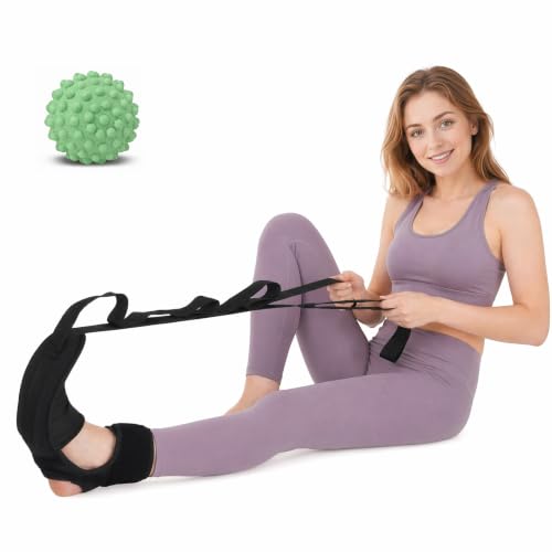 Plantar Fasciitis Night Splint Stretcher, Foot and Calf Streching Strap for Heel Spurs, Foot Drop, Achilles Tendonitis & Hamstring, Yoga Foot & Leg Stretch Strap with Green Massage Ball