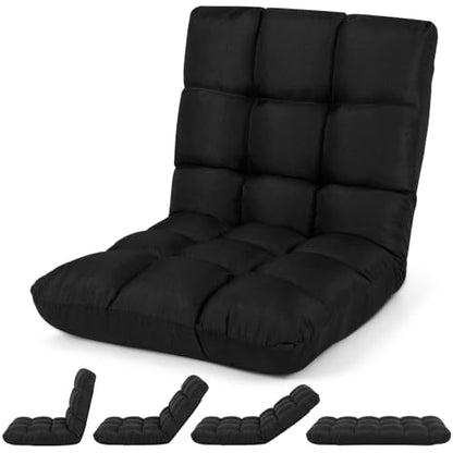 Giantex Adjustable Floor Gaming Sofa Chair 14-Position Cushioned Folding Lazy Recliner High Resilience Sponge, Breathable Cotton & Linen Fabric Sleeper Bed Couch Recliner (Black) - color: Black