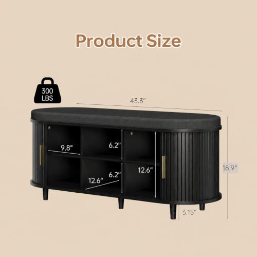DHH 2-Tier Storage Bench,Wide Shoe Bench with Thickened Padded Seat Cushion, Mid Century Modern Fluted Sliding Door and Adjustable Shelf, for Entryway, Living Room, Bedroom (Black, 43.3“) - color: Black, size: 43.3 inch