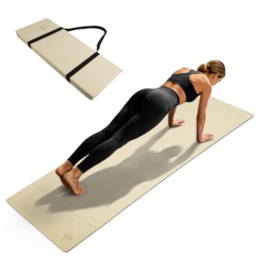 IwIeIaIrI Foldable POE Non Slip Yoga Pilates Mat– 1/4" (6mm) Thick | Foldable Lightweight with Carry Strap, Portable for Home Workout, Pilates, Travel & Gym Mat - color: Beige