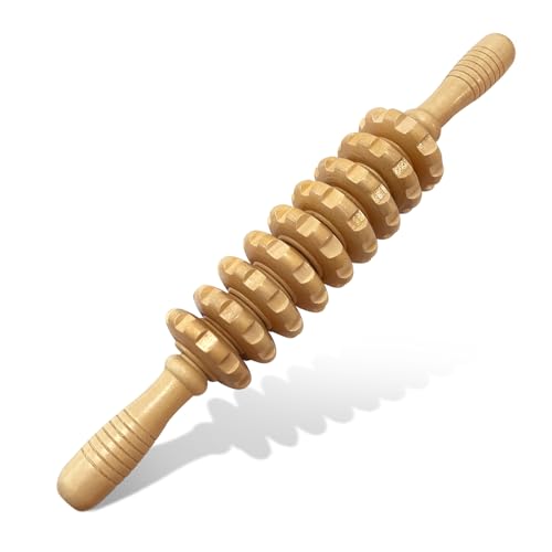 Manual Massager Wooden Handheld Roller Trigger Point Massager Stick for Fascia, Cellulite, Muscle & Abdomen, Body Therapy Massager, Muscle Belly Relief Tool, Natural Wood | Body Sculpting, 9-Wheel Massager for Legs and Thighs, Wooden Massage Tools for Tri