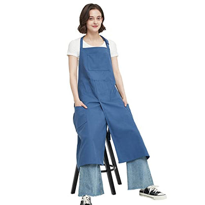 Pottery Apron Split Leg,100% Cotton Artist Apron 3 Pockets for Women Men,Ceramics Clay - color: Blue, size: 39" long
