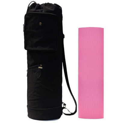 ESVAN Yoga Mat Bag with Multi Pockets Drawstring Yoga Mat Carrier Pilates Exercise Multi-Functional Storage Bag - color: Nylon Black