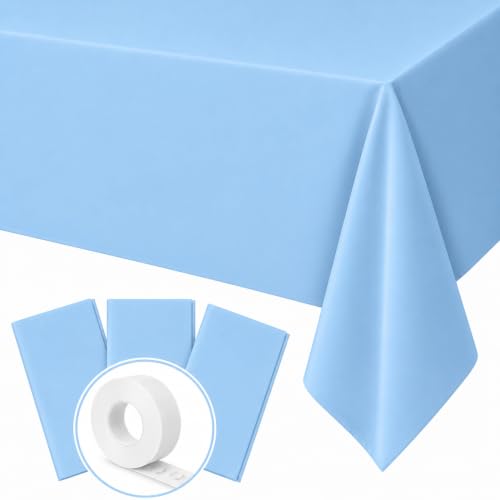 Blue Orchards Light Blue Plastic Table Cover (Pack of 3 with 20 Glue dots) - 54" x 108" - Waterproof & Disposable Tablecloth Sky Blue Party Decoration for Baby Shower, Birhday Party Supplies, Wedding - color: Light Blue (Pack of 3)