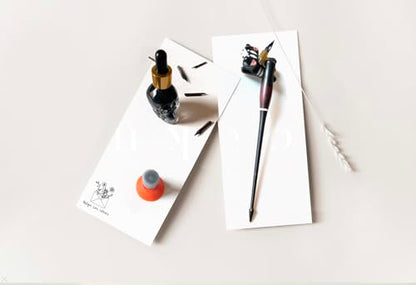 Oblique Calligraphy Pen Set Moon Palace Sumi Ink: Copperplate Pen, Glass Inkwell, Dip Pen Ink Well, Nikko G Nib, Pen Rest, Nib Tin Organizer (Oblique Pen Set w/Black Cat Rest) - style: Oblique Pen Set w/ Black Cat Rest