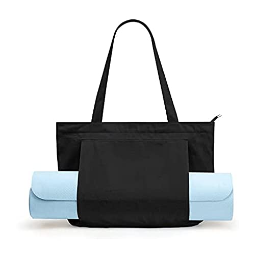 KIGI Canvas Tote Bag with YOGA Mat Carrier Pocket for Gym, Pilates, Workout, Beach and Office - color: Black