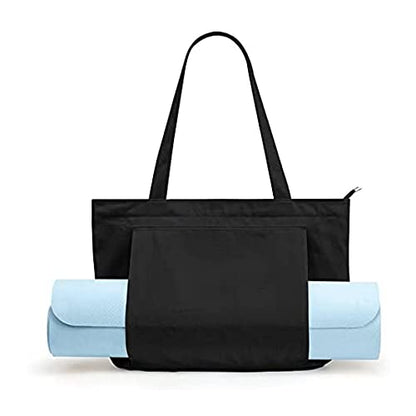 KIGI Canvas Tote Bag with YOGA Mat Carrier Pocket for Gym, Pilates, Workout, Beach and Office - color: Black