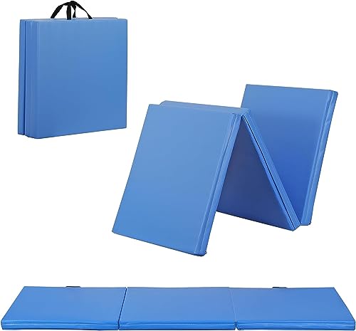 6' x 2' Tri-Fold Portable Folding Exercise Gym Mat Extra Thick Foam Gymnastics Mat Aerobics Yoga Martial Arts MMA Stretching Core Workouts w/Carrying Handle - color: Blue