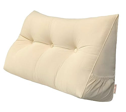 Peachwell Triangular Reading Bed Rest Pillow Large Bolster Cushion Headboard Backrest Wedge Pillow with Removable Cover and Two Large Side Pockets (Beige, Twin: 39 x 8 x 20 inches) - color: Beige, size: Twin: 39 x 8 x 20 inches
