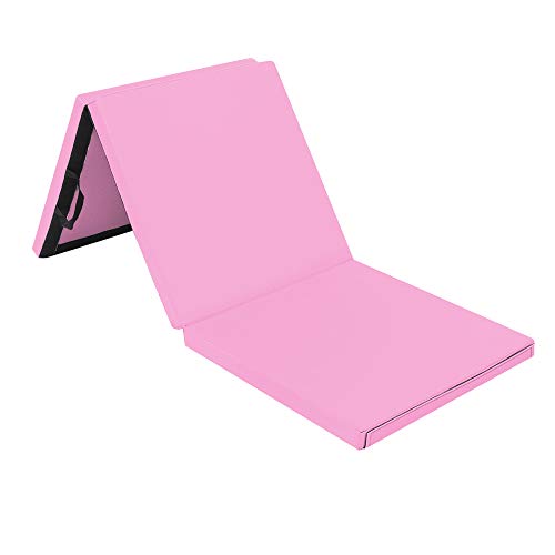 Bonnlo Folding Exercise Aerobics Mat, 6ft x 2ft x 2in PU Leather Mats with Carrying Handles with Hook & Loop Fastener for MMA, Stretching, Cheerleading Martial Arts,Gymnastic - color: Pink