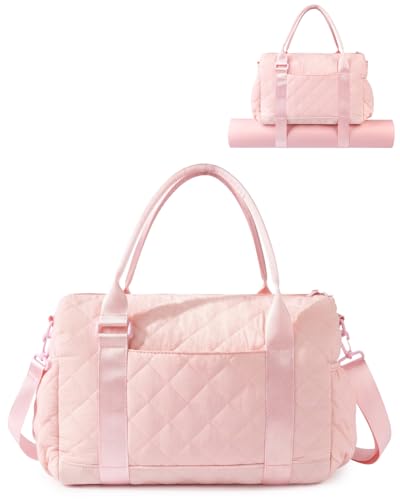 Gym Bag for Women with Yoga Mat Holder, Small Mini Gym Tote Bag Puffy Quilted Lightweight Sports Duffel Bag with Wet Compartment for Dance Yoga Workout Travel - Pink - color: Pink