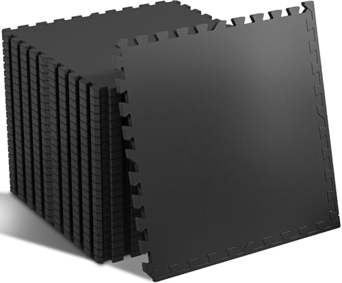 SUPERJARE 0.56'' Thick 48 Sq Ft Rubber Top Gym Flooring for Home Gym | High Density Gym mat with Upgraded Rubber Top, 12 Pcs Interlocking EVA Foam Exercise Equipment mat, Workout Mat, Black - color: Black, size: 12 Tiles (48 Sq Ft)