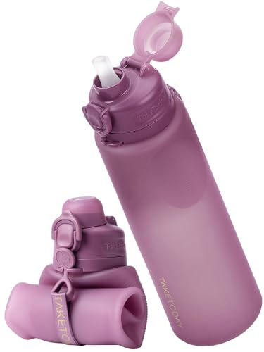 TakeToday Collapsible Water Bottles, Foldable for Travel, 32oz, Purple | Compact Foldable Travel Bottle with Straw, TSA-Approved Leakproof Silicone, BPA-Free for Hiking & Outdoors - color: Purple