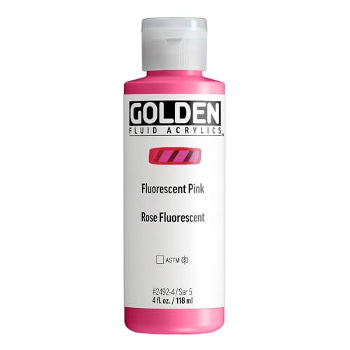 GOLDEN Fluid Acrylics, Fluorescent Pink, 4 fl. oz. Bottle | Artist grade acrylic paint with rich pigment load and a flowing constency useful for even coverage and fine details.