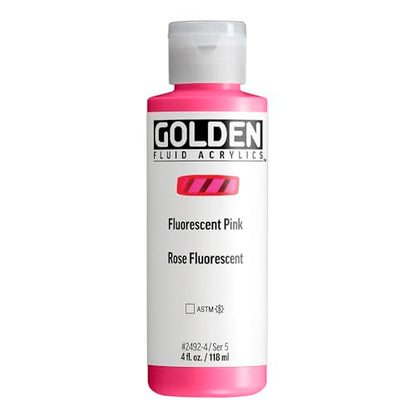 GOLDEN Fluid Acrylics, Fluorescent Pink, 4 fl. oz. Bottle | Artist grade acrylic paint with rich pigment load and a flowing constency useful for even coverage and fine details.
