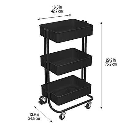Simply Tidy Lexington Black 3-Tier Metal Rolling Cart - Multi-Functional Storage Cart for Home, Office, and Kitchen - 1 Pack