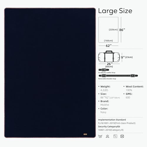 Molithe 100% Wool Blanket, 62" x 86", Warm, Thick, Military, Camping Gear - color: Navy, size: Large
