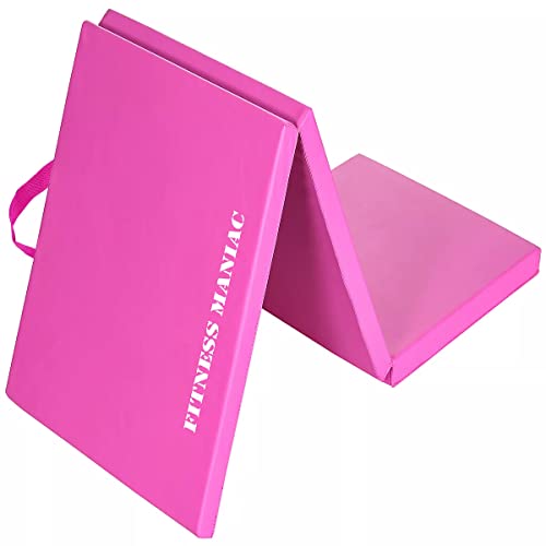 Fitness Maniac HIGH-DENSITY Firm Foam Folding Mat Thick Exercise Gymnastics Panel Gym Mats Non Slip with Carrying Handles Yoga Aerobics Workout Training - color: Tri-Fold (Pink)