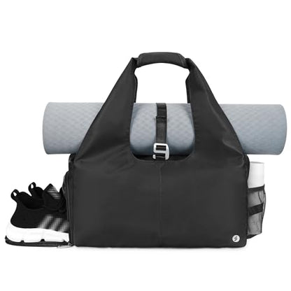 Sportsnew Tote Yoga Mat Gym Bag 20L Women W/Shoe Compartment Wet Dry Pocket | Water-Resistant Gym Tote - Mat Strap, Ventilated Shoe Bin, Wet Pocket, Padded Handle, Multi Pockets, Side Mesh & Key Clip - color: Black