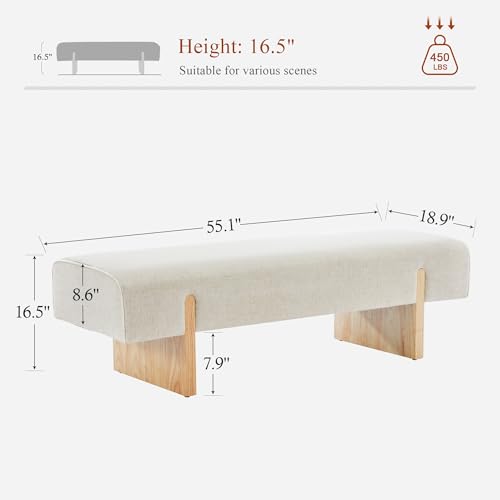 145.9cm(55인치) 덮개를 씌운 침대 끝 벤치, 단단한 나무 다리가 있는 리넨 입구 벤치, 침실, 거실용 농가 목재 다이닝 룸 벤치, 베이지 - color: 베이지.