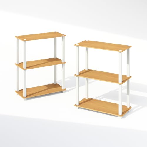 Furinno Turn-S-Tube 보관 선반 2개 세트, 3단 책장, 코너 선반, 도구가 필요 없는 오픈 선반, 사각형 튜브, 정리 및 보관용, 거실, 차고, 홈 오피스, 너도밤나무 - color: 너도밤나무/화이트, size: 2-Pack, 3-Tier Square Tube
