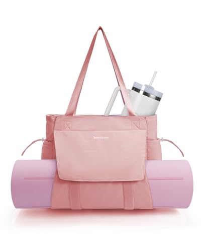 sportsnew Yoga Mat Bag Waterproof Tote Gym Bag Mat Carrier W/Wet Pocket | hook-and-loop mat holder 5s quick access, 40oz handled bottle pocket, wet bag, lightweight waterproof, drawstring pockets,19L - color: Lotus Root Pink