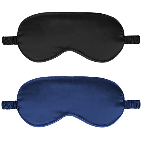 IEKEODI 2 Pack Silk Sleep Masks, Light Blocking Eye Masks, Black&Navy Blue | Silky Soft Feel, Light Blocking Design, Gentle Elastic Fit, Breathable Comfort for Sleep, Travel and Naps - color: Black+navy Blue