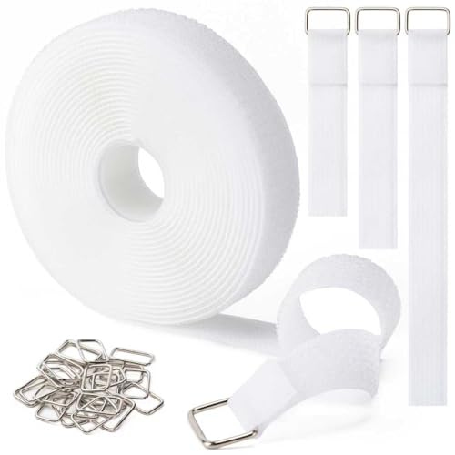 1" x16Ft Hook and Loop Straps with 25 Metal Buckles，White - color: White, size: 1"×16ft Metal Buckle