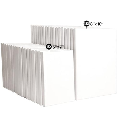 36 Pack Stretched Canvases for Painting-18 Packs of 5x7,8x10 | 100% Cotton Blank Painting Canvas for Oil, Acrylic Paint & Other Painting Media - size: 18 Pack of 5x7 and 8x10