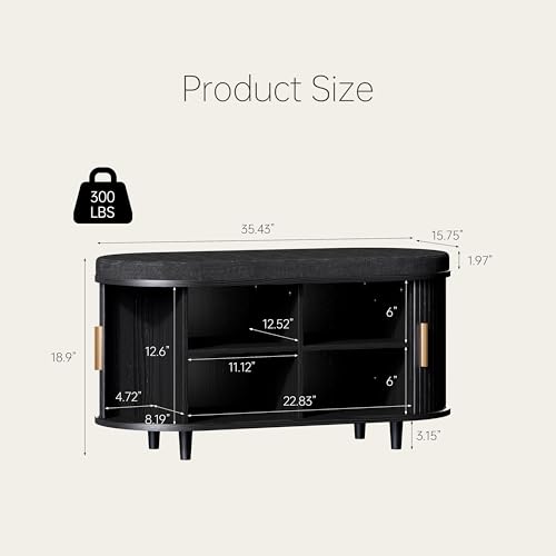 DHH 2-Tier Storage Bench,Wide Shoe Bench with Thickened Padded Seat Cushion, Mid Century Modern Fluted Sliding Door and Adjustable Shelf, for Entryway, Living Room, Bedroom (Black, 35.4“) - color: Black, size: 35.4 inch