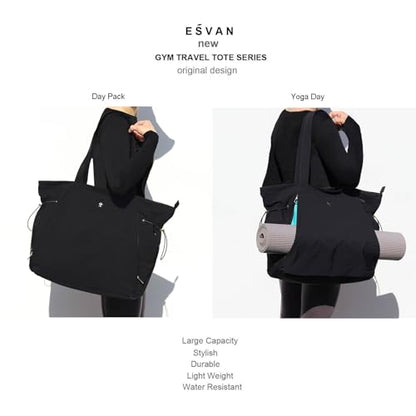 ESVAN Yoga Tote Bag for Women Shoulder Bags Drawstring for Office Workout Travel Carryall Pilates Gym and Beach - color: Black