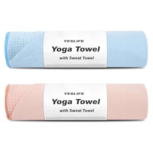 YESLIFE 2-Pack Non-Slip Extra Thick Hot Yoga Towel with Sweat Towel, Microfiber Sweat Absorbent Yoga Mat Towel with Grip Dot, Pilates Mat, 72" x 24", Blue&Pink - color: Blue&pink