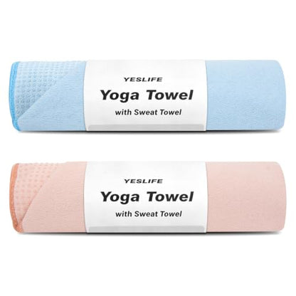 YESLIFE 2-Pack Non-Slip Extra Thick Hot Yoga Towel with Sweat Towel, Microfiber Sweat Absorbent Yoga Mat Towel with Grip Dot, Pilates Mat, 72" x 24", Blue&Pink - color: Blue&pink