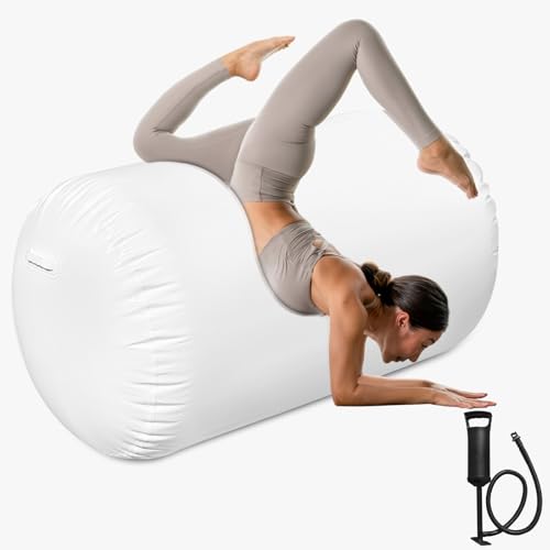 Air Roller Gymnastics, 47.2x23.6"/47.2x31.5" Inflatable Air Tumble Barrel, Back Handspring Training Gymnastics Barrel for Tumbling Cheerleading Yoga Gym with Manual Air Pump Indoor&Outdoor Use - color: White, size: 47.2 x 23.6 inches