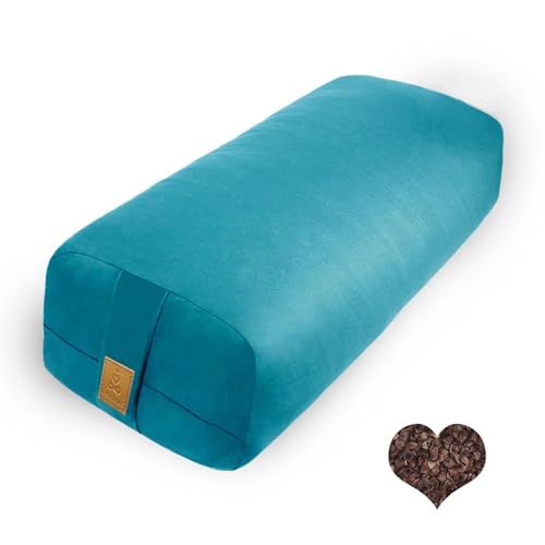 Organic Buckwheat Bolster (24X10.5X5.5 in) Supportive Rectangular Meditation Pillow 100% Cotton Cover Yoga Pillow - color: Cyan Blue